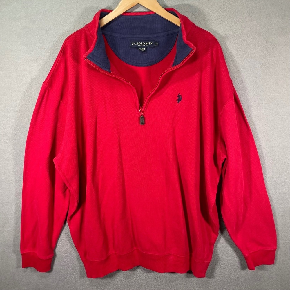 US Polo Assn Mens XLT Quarter Zip Pullover Red Cotton Ribbed